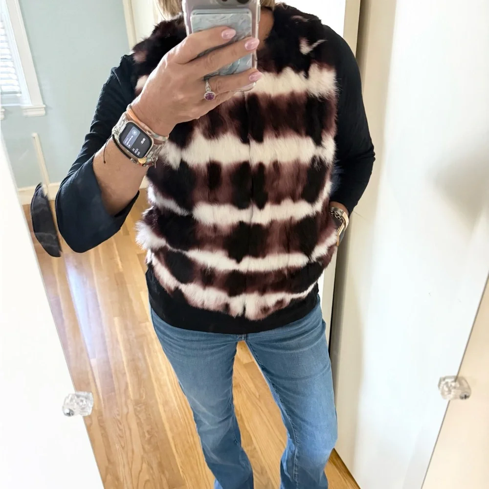 Haute Hippie Tie Dye Rabbit Fur Vest Merlot/white/black - Picture 6 of 12